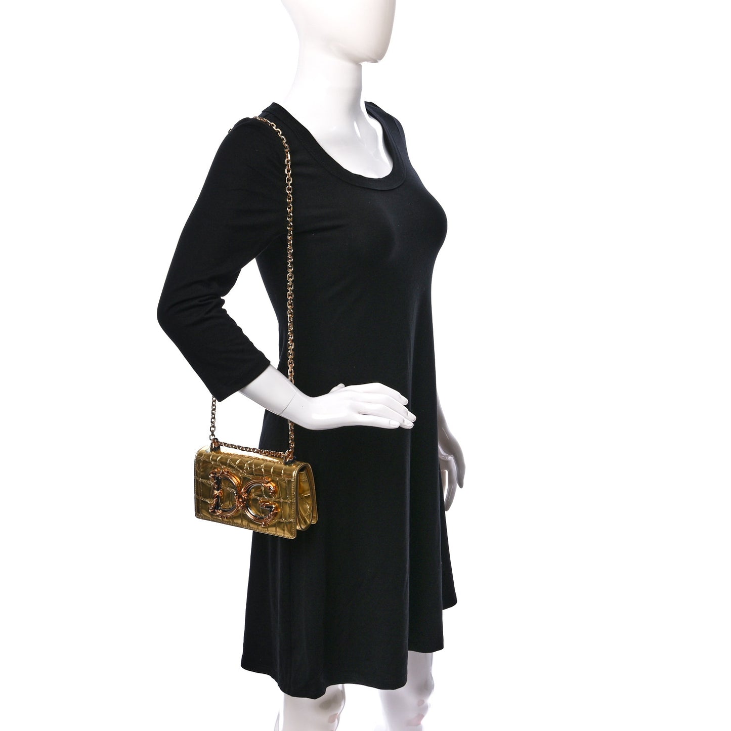 Metallic Calfskin Crocodile Embossed DG Girls Shoulder Bag Gold