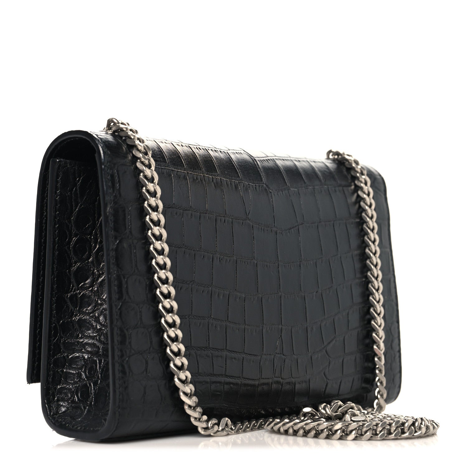 Saint Laurent Calfskin Crocodile Embossed Small Classic Monogram Kate Tassel Satchel Black 3 of 9
