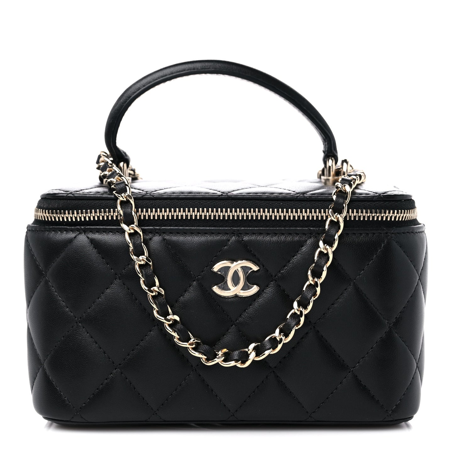 Lambskin Quilted Small Top Handle Vanity Case With Chain Black