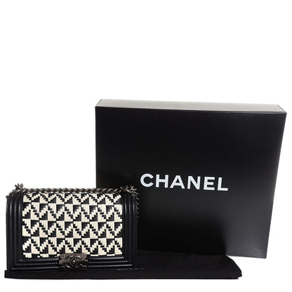 Chanel Calfskin Woven Medium Boy Flap Black White 5 of 9