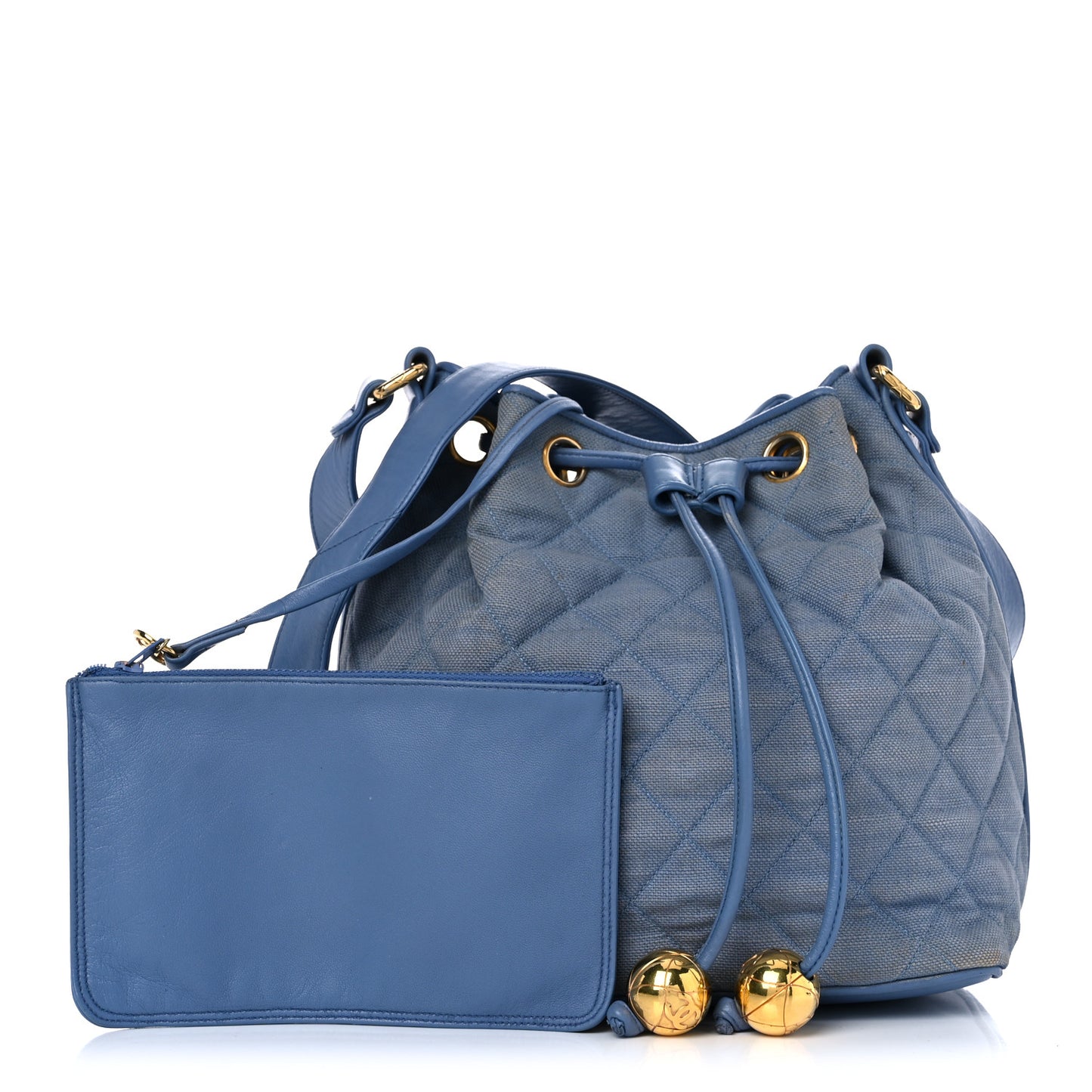 Canvas Quilted CC Drawstring Bucket Bag Blue