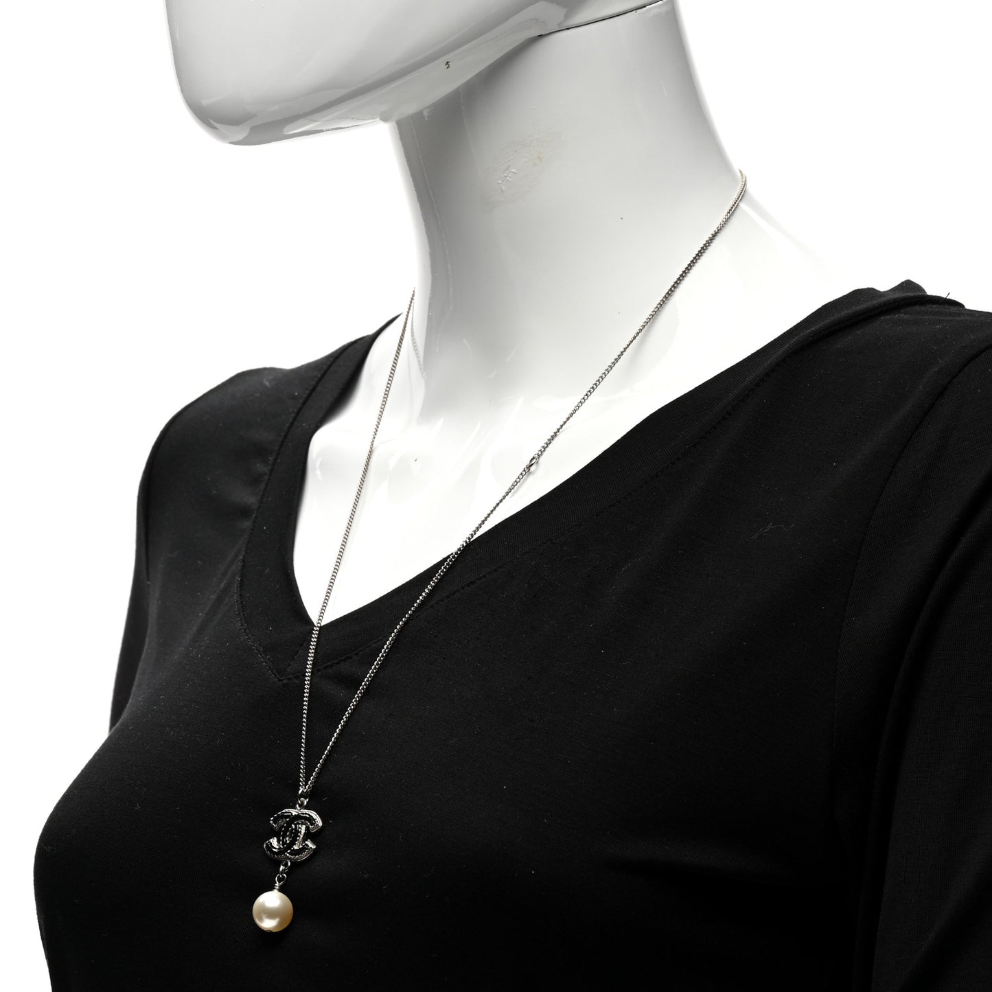 Enamel CC Pearl Drop Necklace Black Silver