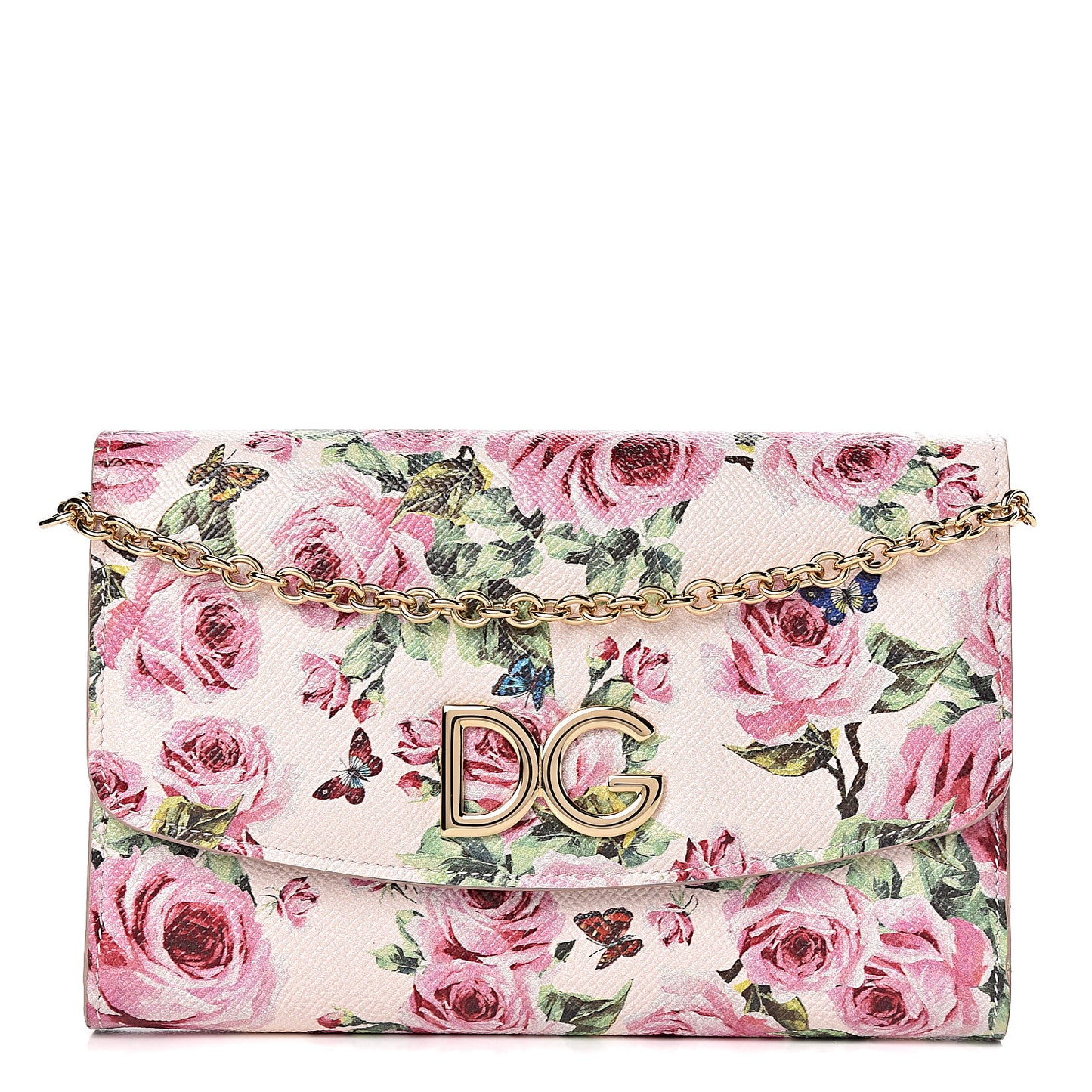 Dauphine Rose Print Wallet On Chain Pink