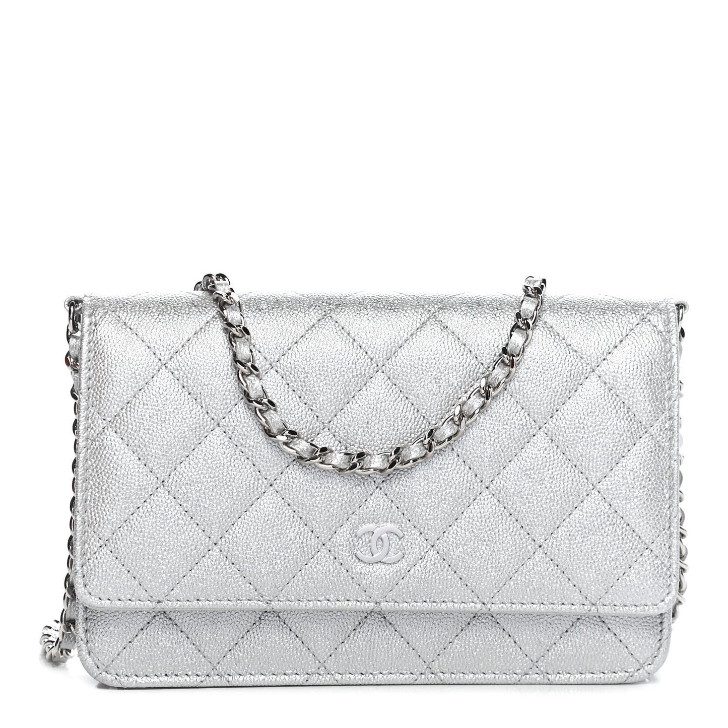 Glittered Metallic Caviar Quilted Wallet On Chain WOC Silver