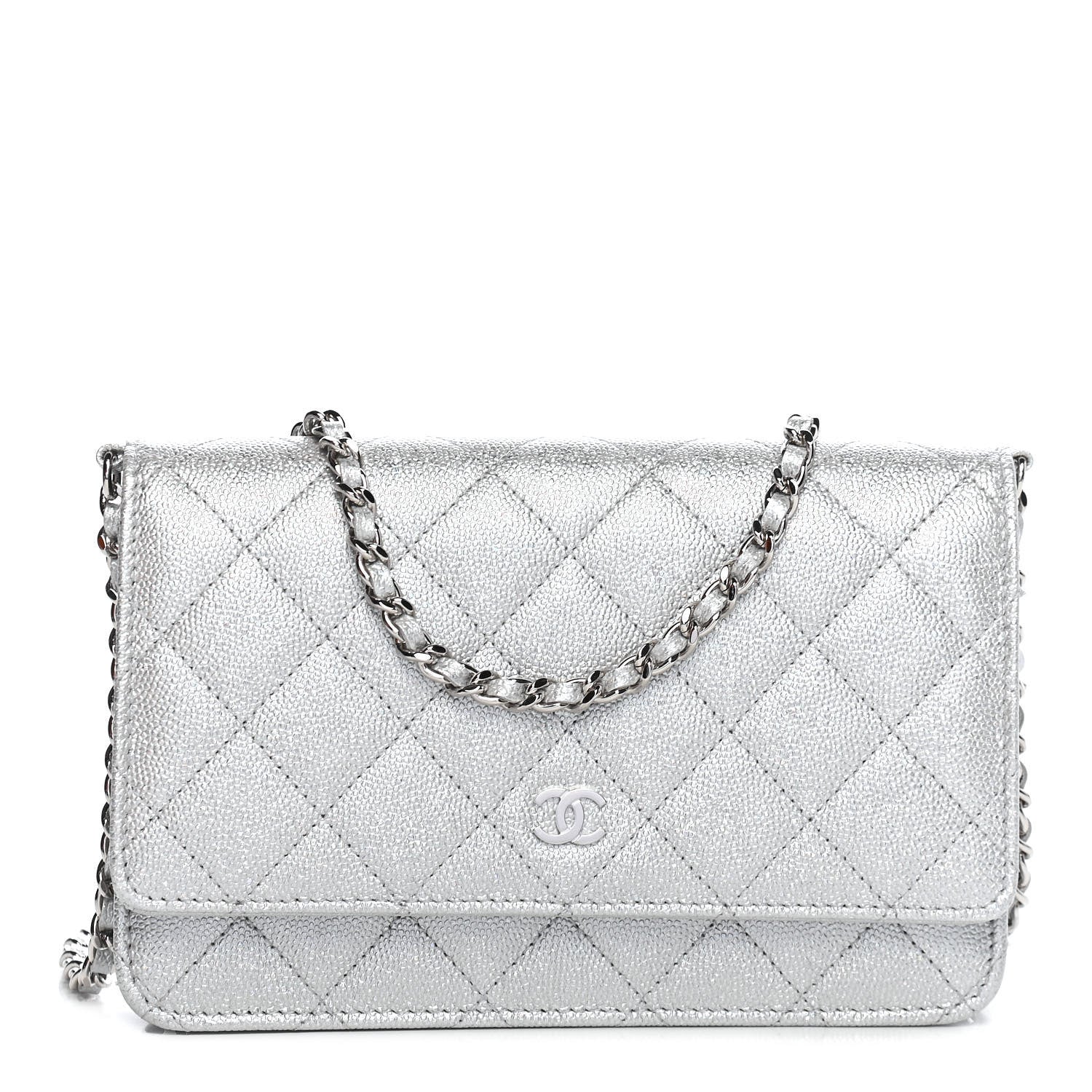 Chanel Glittered Metallic Caviar Quilted Wallet On Chain WOC Silver 1 of 9