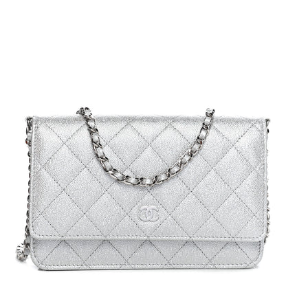 Chanel Glittered Metallic Caviar Quilted Wallet On Chain WOC Silver 1 of 9