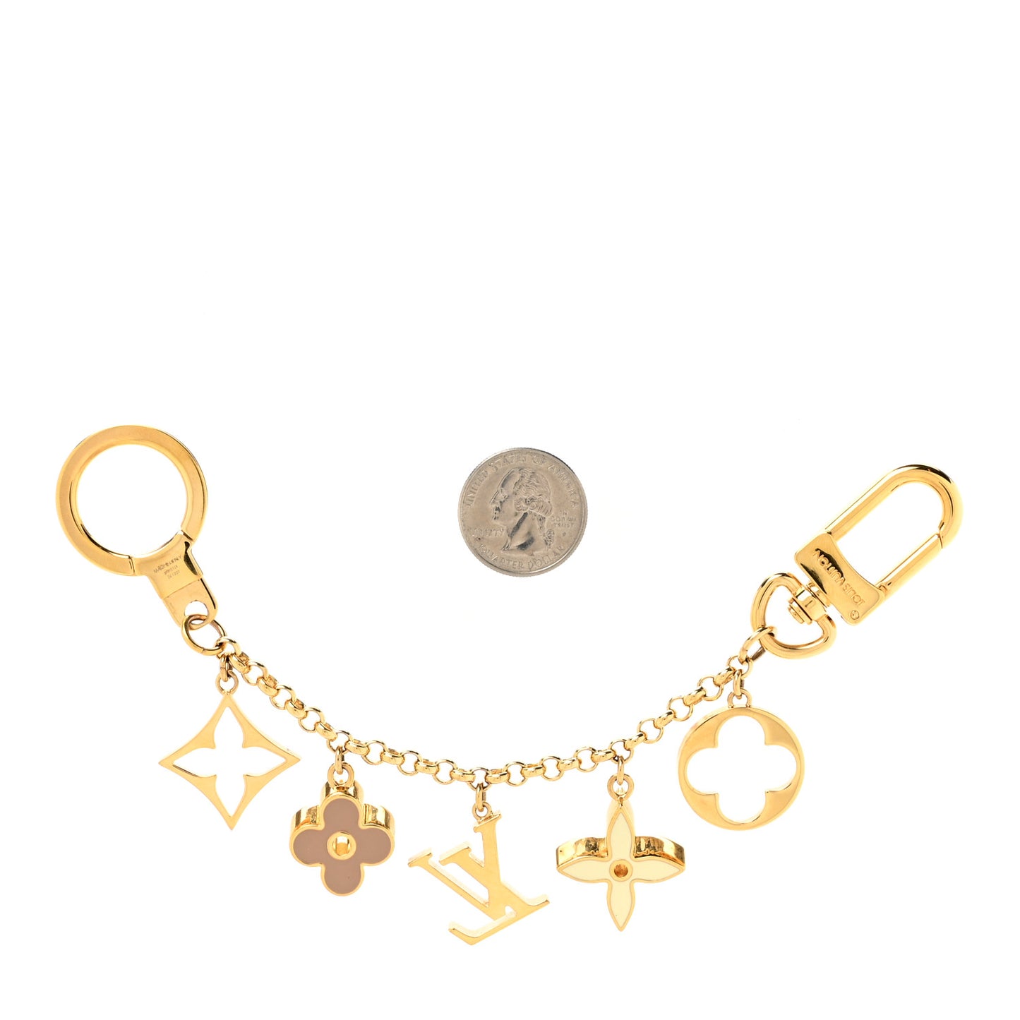 Brass Enamel Fleur De Monogram Bag Charm Chain Gold