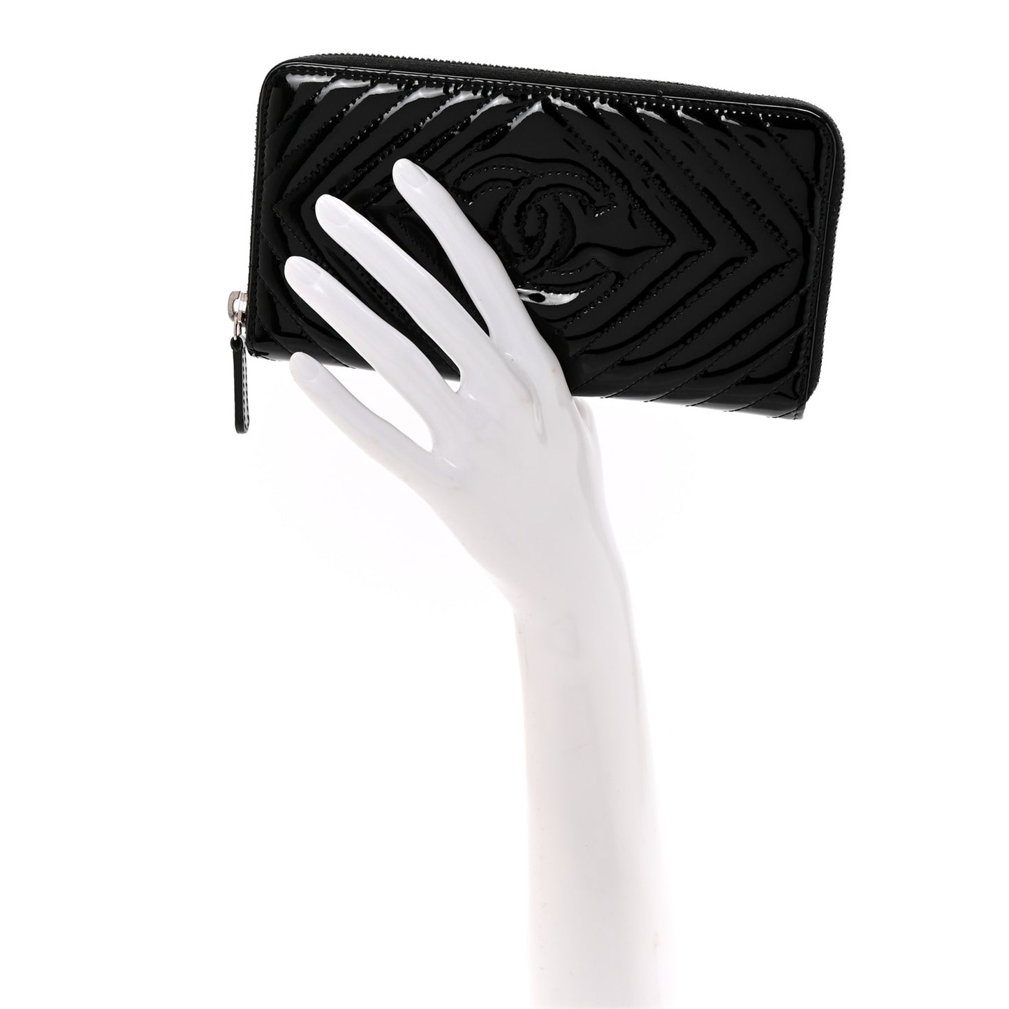 Patent Chevron Quilted CC Zip Around Wallet Black