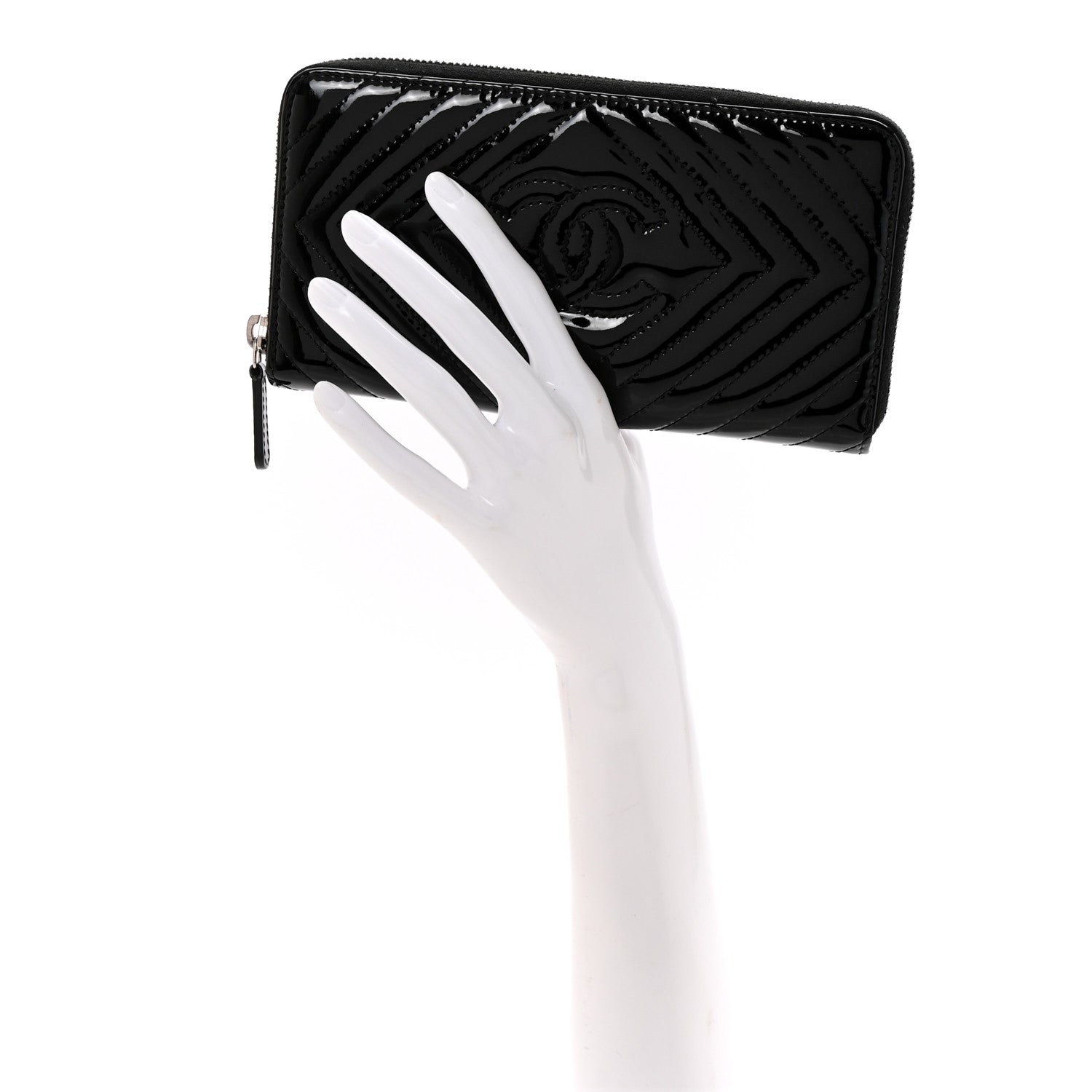Chanel Patent Chevron Quilted CC Zip Around Wallet Black 3 of 18