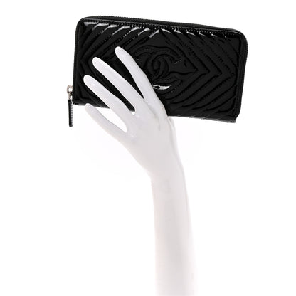 Chanel Patent Chevron Quilted CC Zip Around Wallet Black 3 of 18