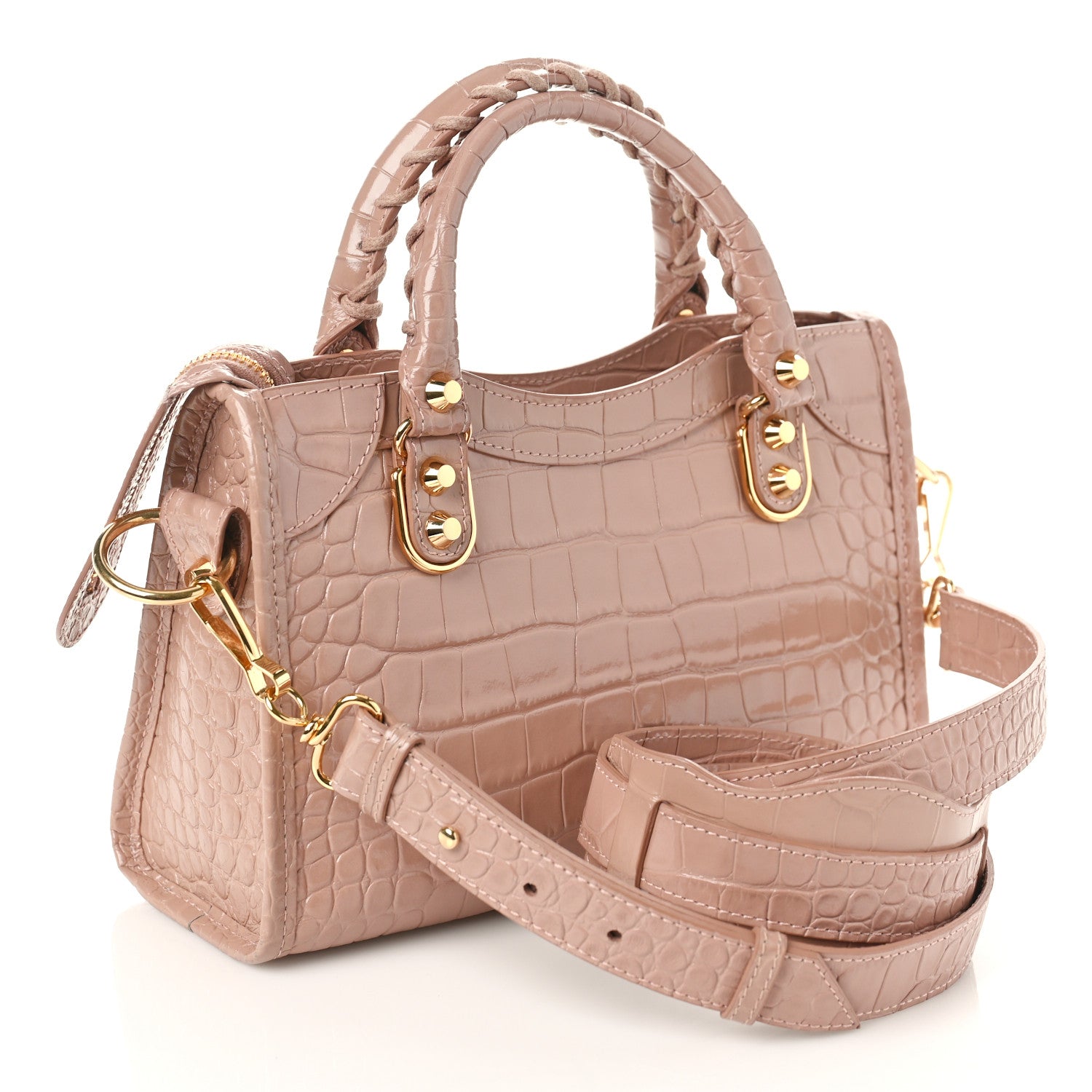 Balenciaga Shiny Supple Calfskin Crocodile Embossed Gold Metallic Edge Hardware Mini City Nude Beige 3 of 8