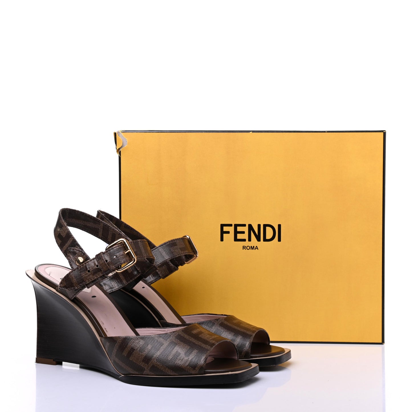 Glazed Fabric FF Wedge Sandals 40 Tobacco Moro