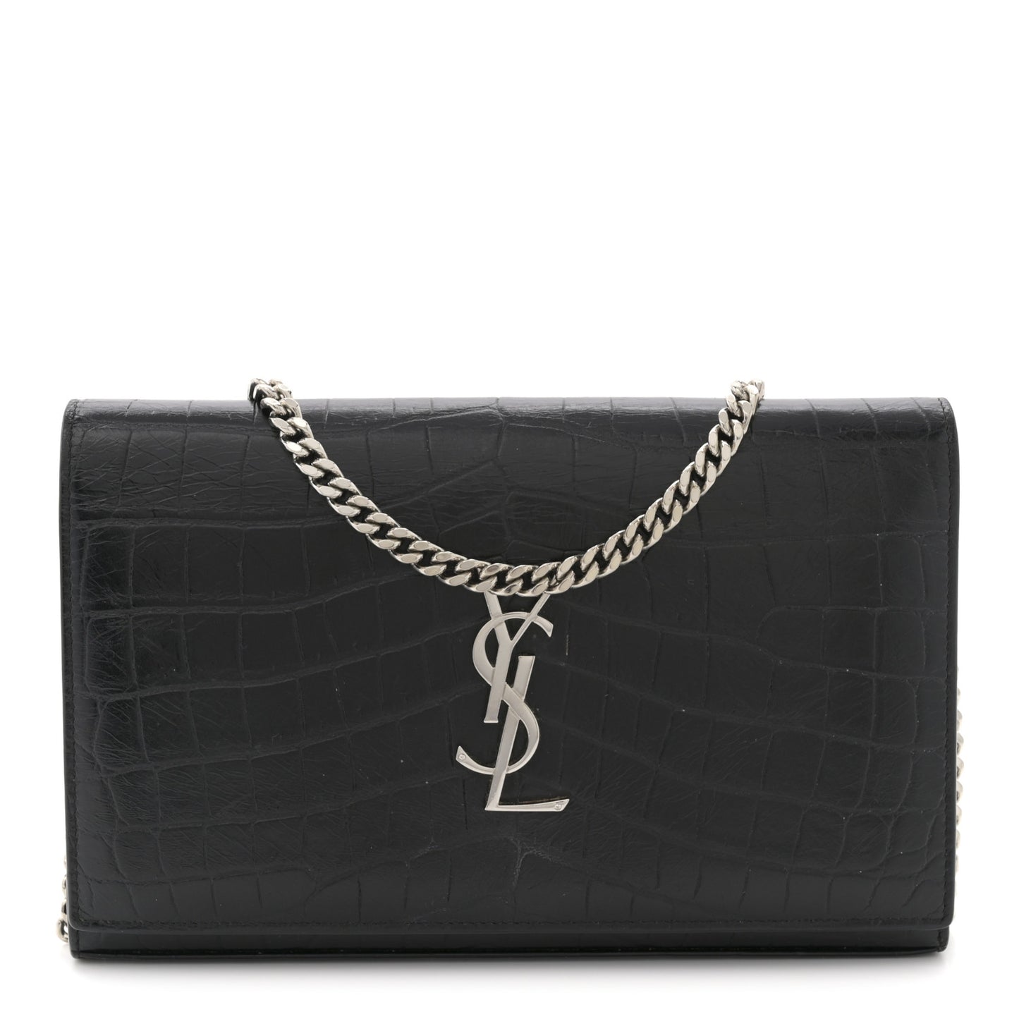 Crocodile Embossed Calfskin Monogram Chain Wallet Black