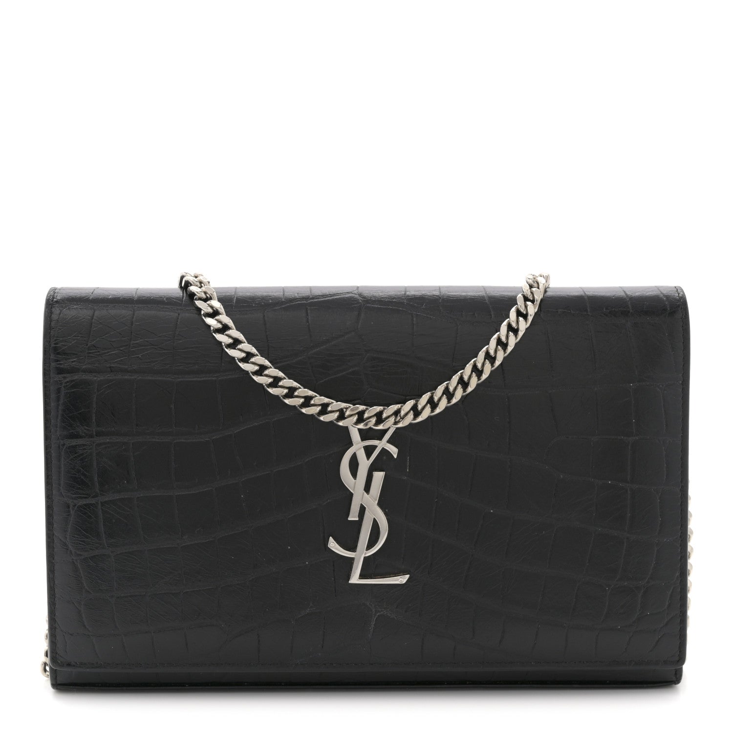 Saint Laurent Crocodile Embossed Calfskin Monogram Chain Wallet Black 1 of 12