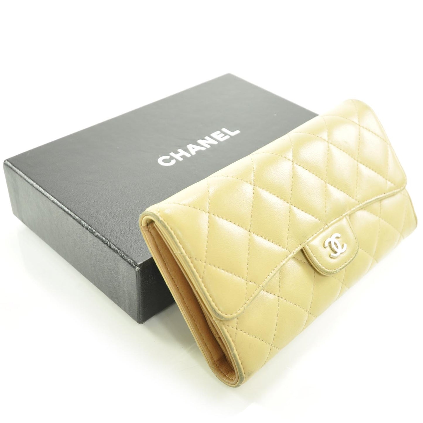 Lambskin Quilted Large Flap Wallet Beige