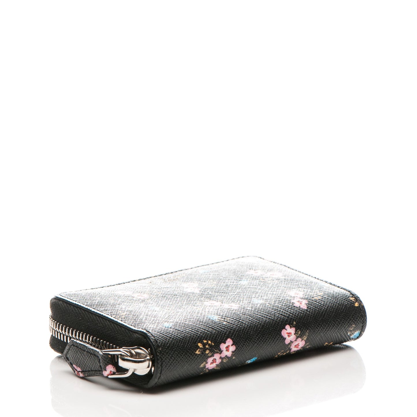 Textured Coated Canvas Hibiscus Print Mini Zip Wallet Black Multicolor