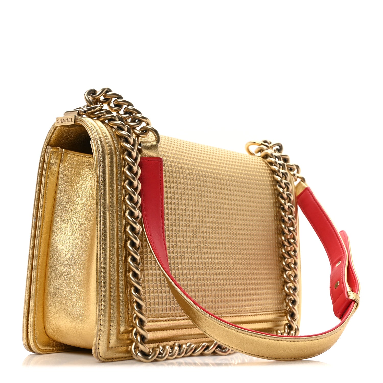 Chanel Metallic Lambskin Embossed New Medium Cube Boy Flap Gold