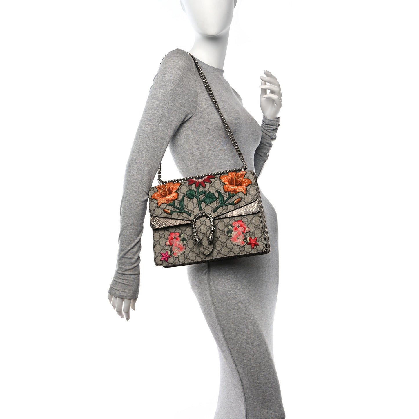 GG Supreme Monogram Snakeskin Flower Embroidered Medium Dionysus Shoulder Bag Beige Orange