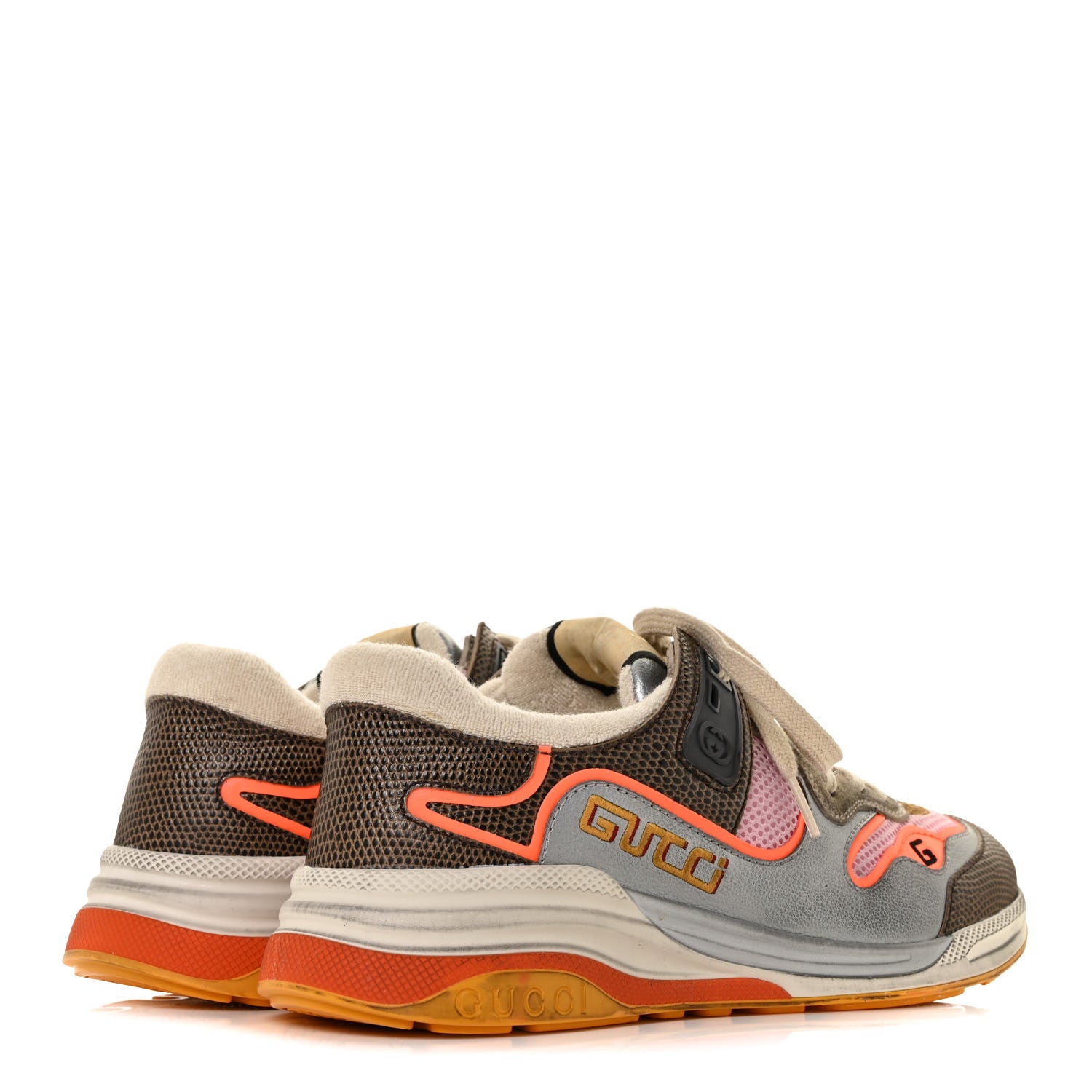 Gucci Calfskin Suede Mesh Lizard Embossed Womens Ultrapace Sneakers 40.5 Silver Anthracite Neon Orange 4 of 8