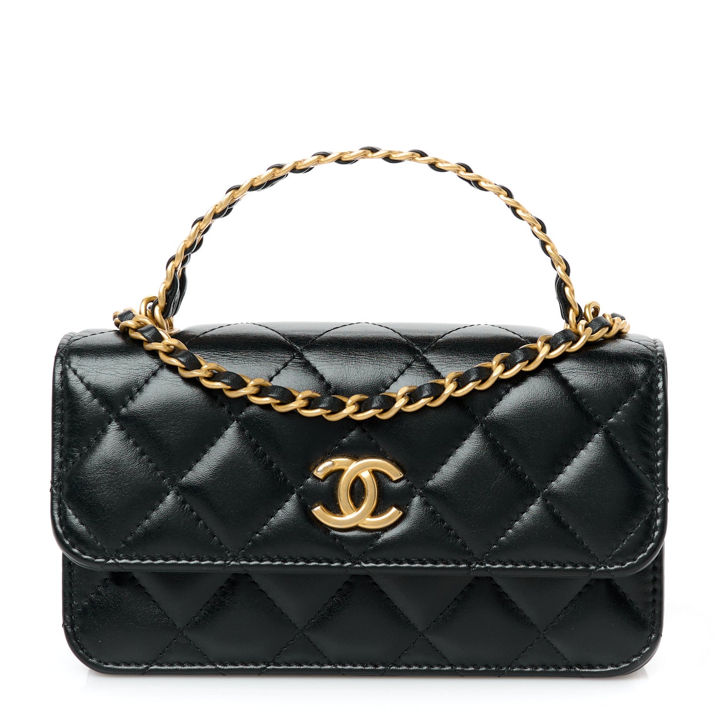 Shiny Calfskin Quilted Top Handle Flap Phone Holder With Chain Black
