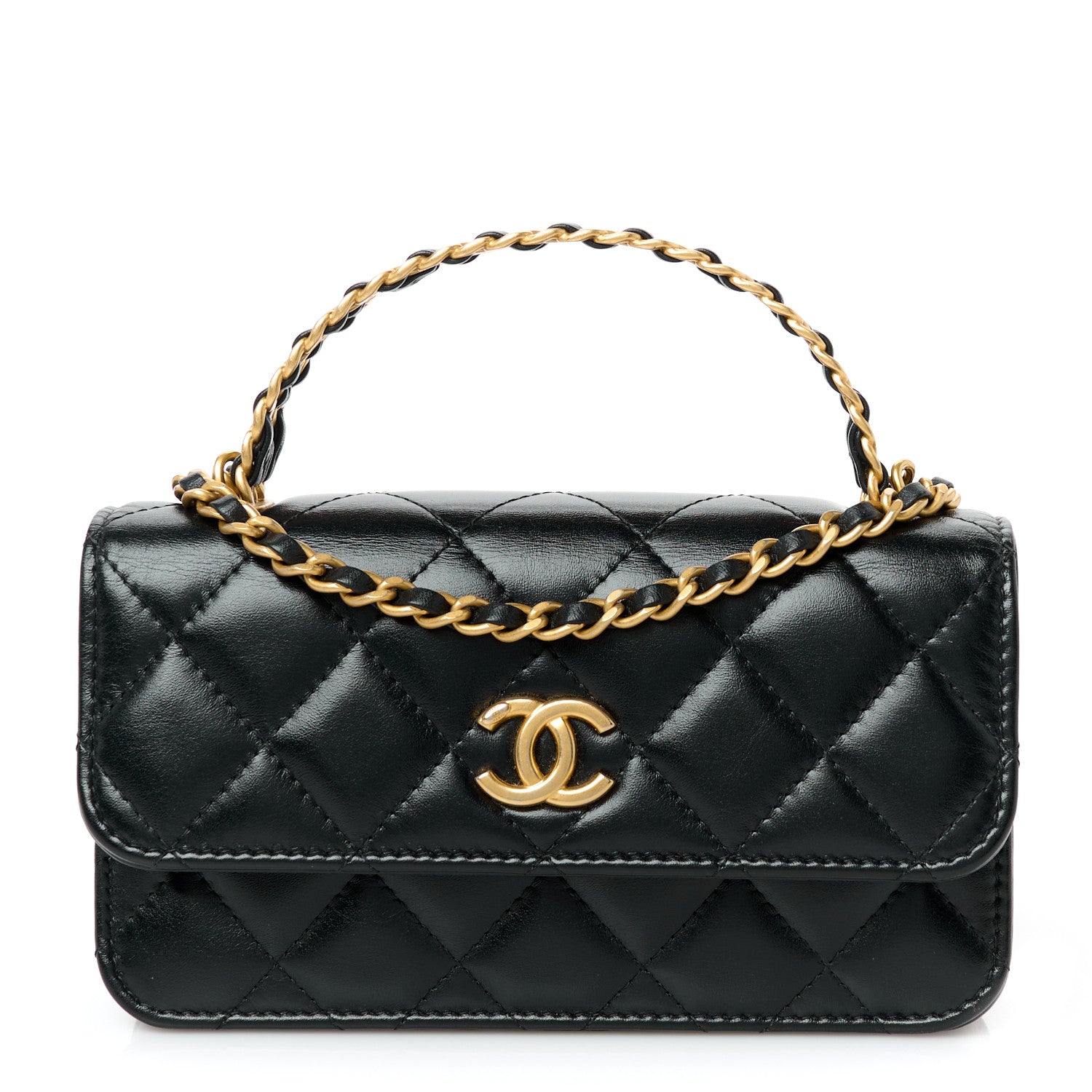 Chanel Shiny Calfskin Quilted Top Handle Flap Phone Holder With Chain Black 1 of 12