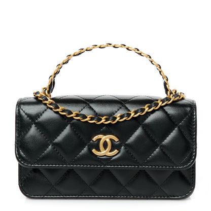 Chanel Shiny Calfskin Quilted Top Handle Flap Phone Holder With Chain Black 1 of 12