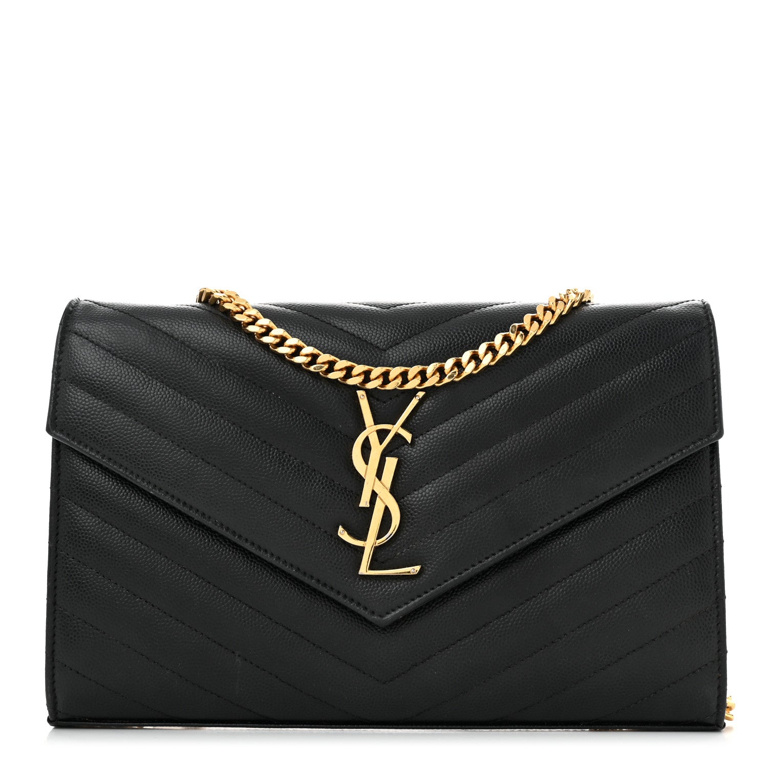 Saint Laurent Grain De Poudre Matelasse Chevron Monogram Chain Wallet Black 1 of 12
