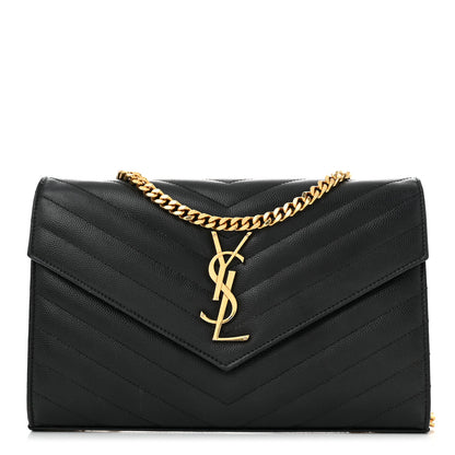 Saint Laurent Grain De Poudre Matelasse Chevron Monogram Chain Wallet Black 1 of 12