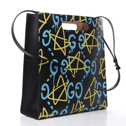 Gucci Calfskin GucciGhost Medium XL Tote Black New Acquamarine 3 of 9