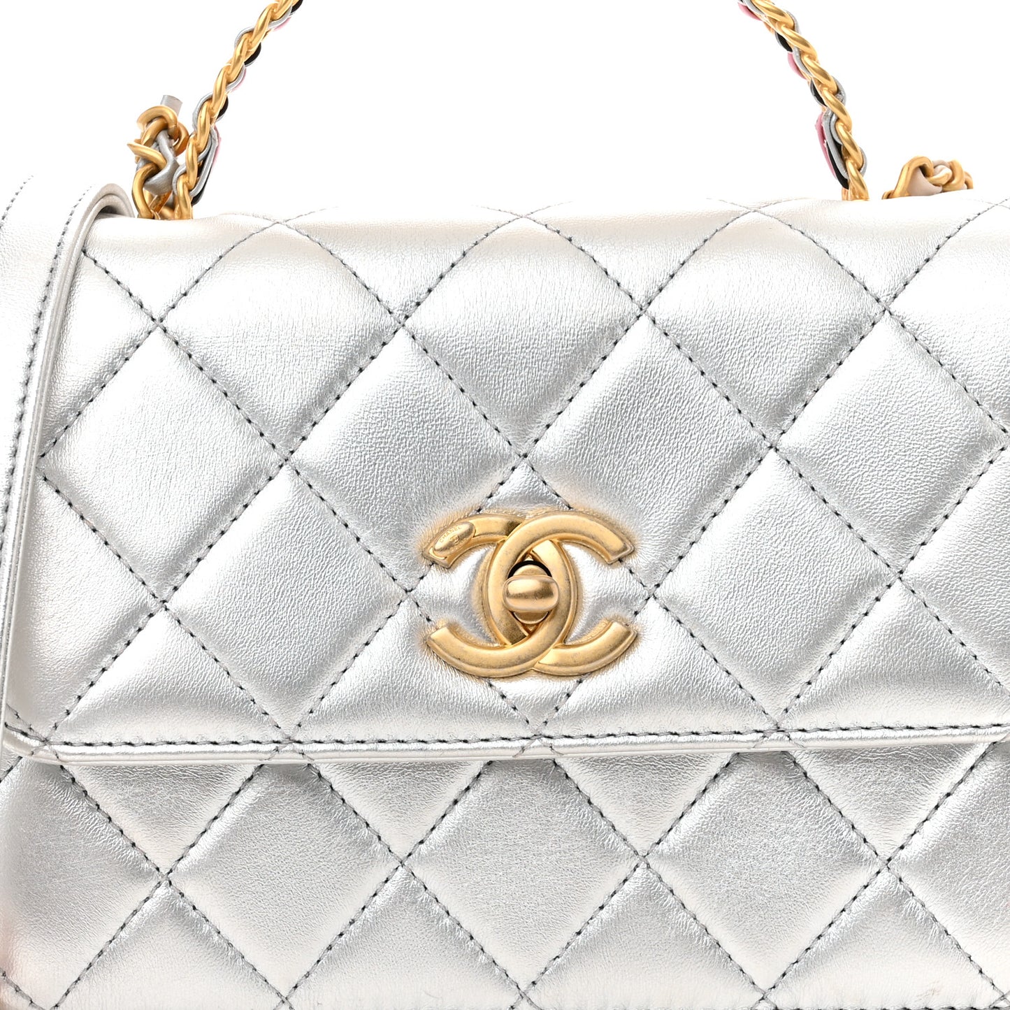 Metallic Calfskin Quilted Mini Metal Top Handle Flap Silver