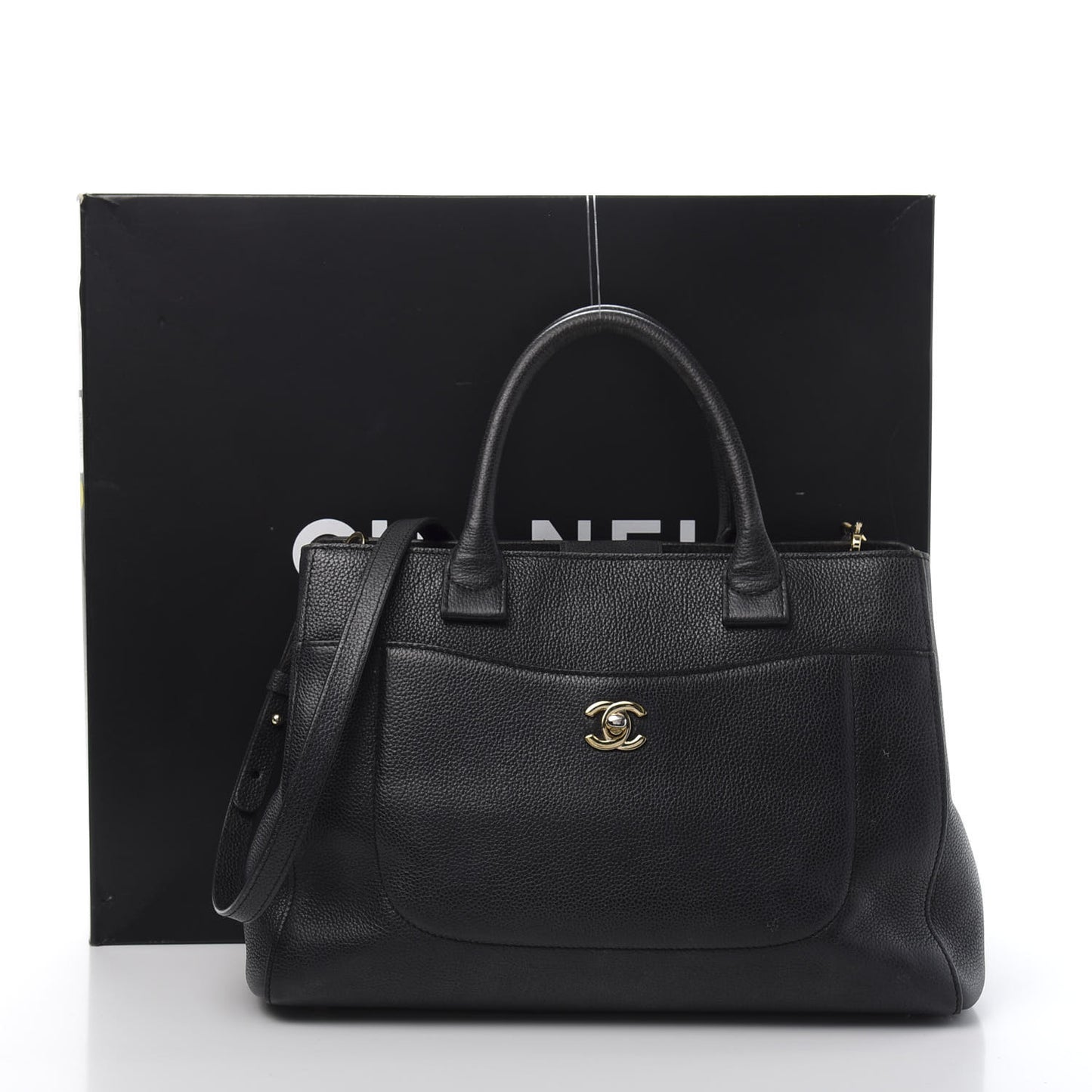 Grained Calfskin Small Neo Executive Shopper Tote Black
