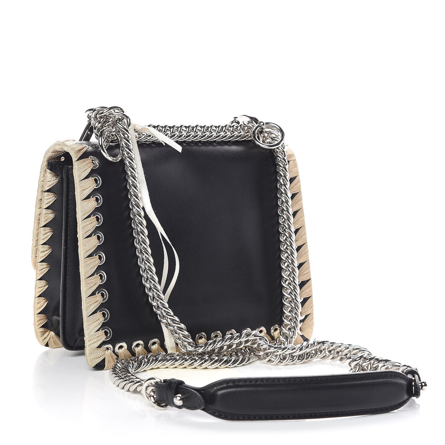 Vitello Liberty Lucido Ribbon Lace Up Studded Small Kan I Shoulder Bag Black Crema
