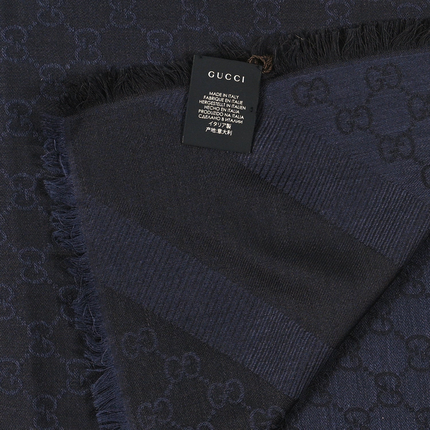 Gucci Wool Silk Monogram GGWeb Fringe Shawl Navy Black 3 of 3