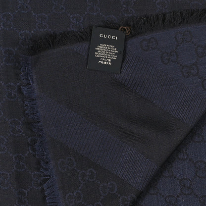 Gucci Wool Silk Monogram GGWeb Fringe Shawl Navy Black 3 of 3