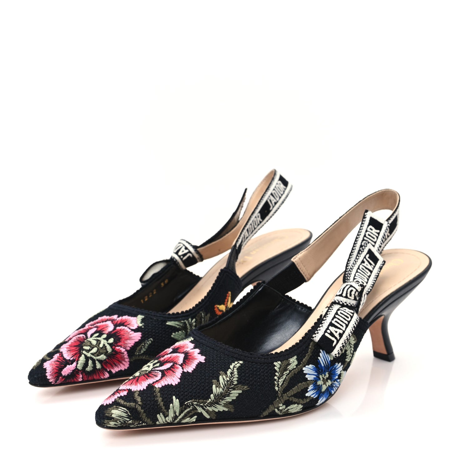 Ribbon Petites Fleurs Embroidered J'Adior Slingback Pumps 38 Black