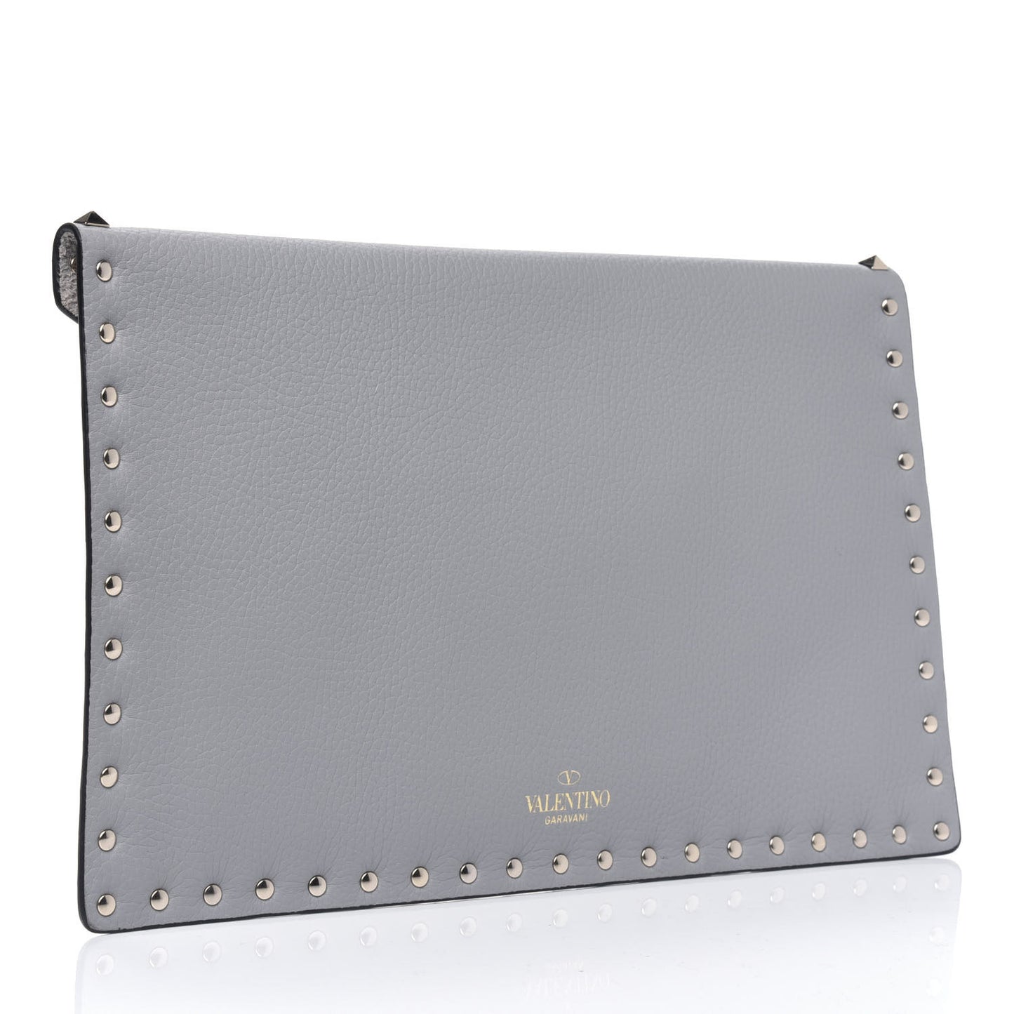 Pebbled Calfskin Large Rockstud Envelope Clutch Pastel Grey