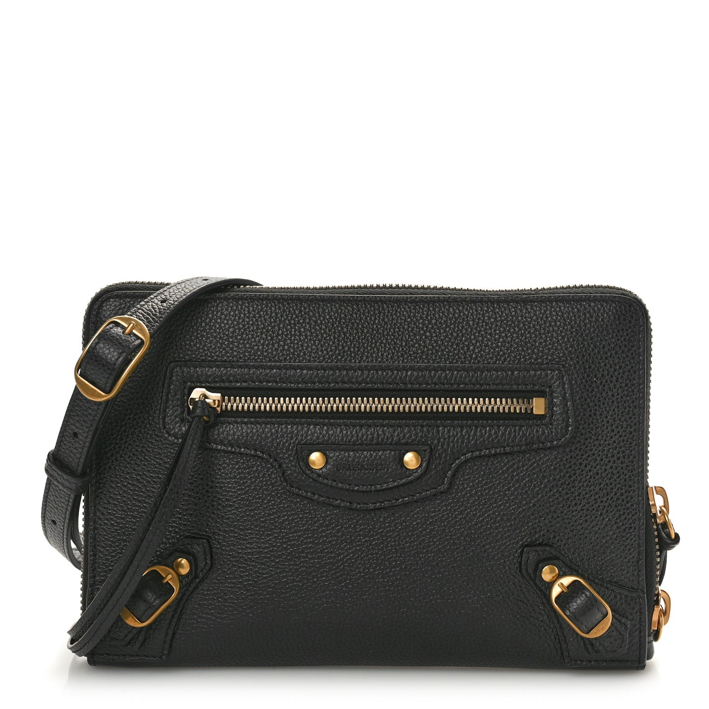 Grained Calfskin Neo Classic Gold Hardware Zip Around Crossbody Black