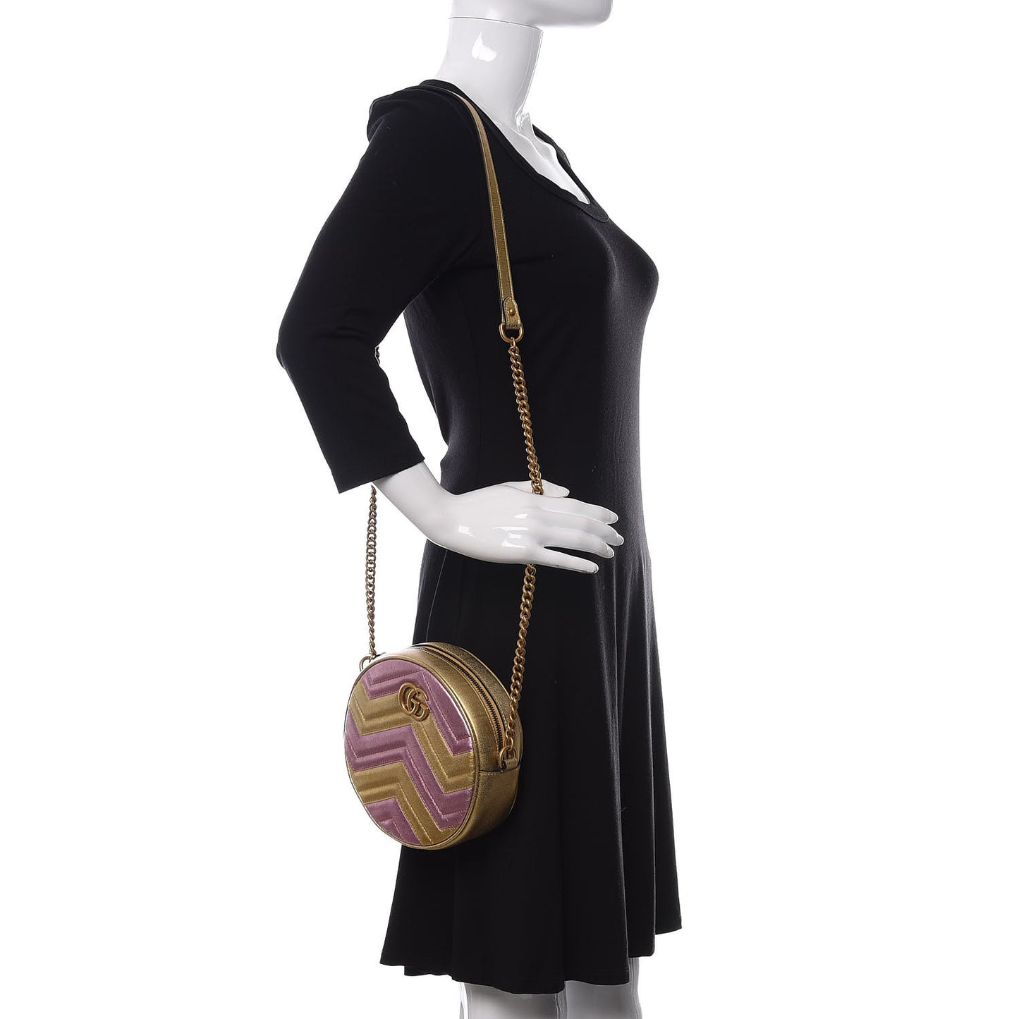 Metallic Nappa Matelasse Heart Mini GG Marmont Round Shoulder Bag Oro Vecchio Rosa