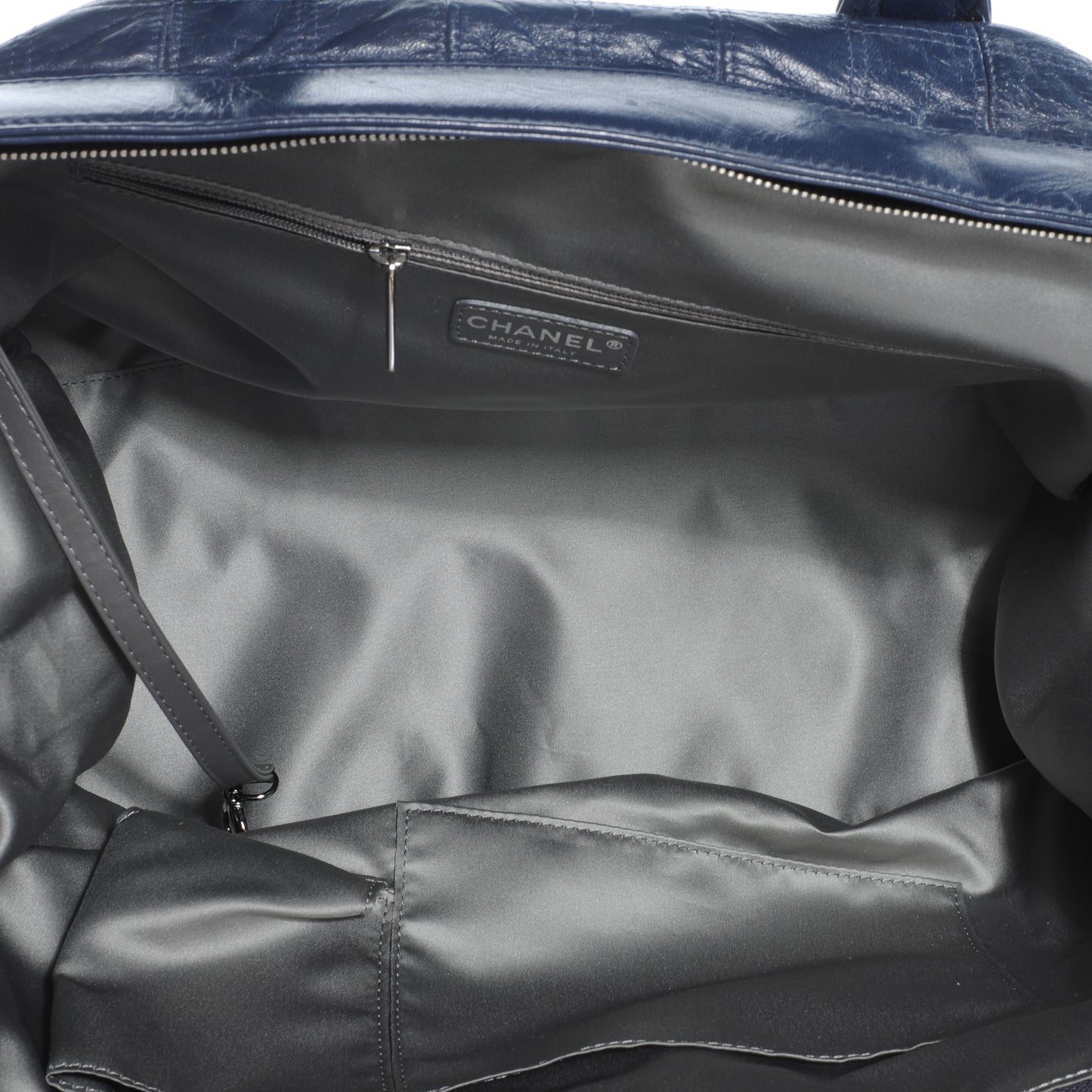 Leather Square Stitched Lax Shopping Tote Navy Blue