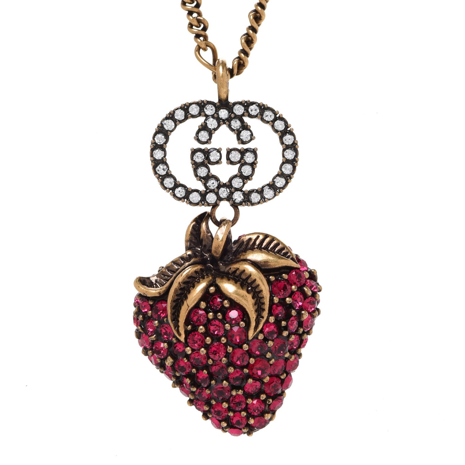 Gucci Crystal Embellished Strawberry Necklace Red Aged Gold 4 of 6