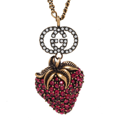 Gucci Crystal Embellished Strawberry Necklace Red Aged Gold 4 of 6