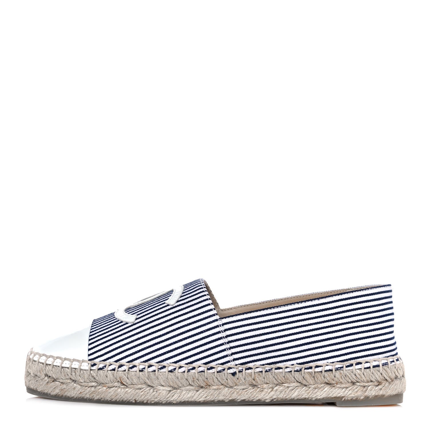 Chanel Canvas Striped Patent CC Espadrilles 37 Ivory Navy White 1 of 9