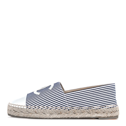 Chanel Canvas Striped Patent CC Espadrilles 37 Ivory Navy White 1 of 9