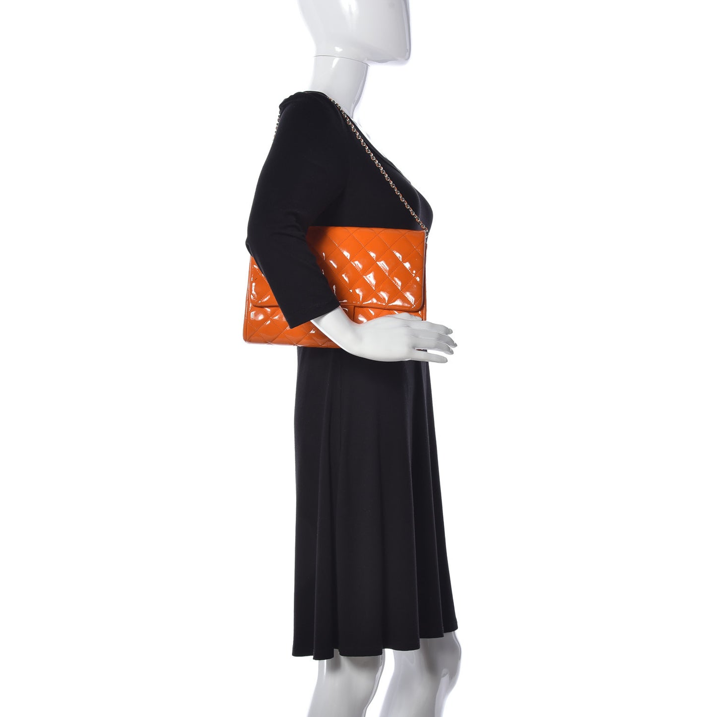 Patent Quilted Clutch with Chain Flap Orange