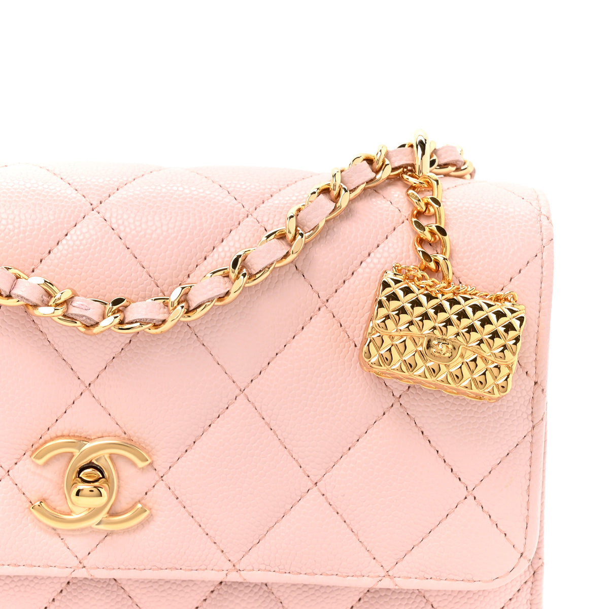 Chanel Shiny Caviar Quilted Flap Charm Wallet On Chain WOC Light Pink 10 of 12