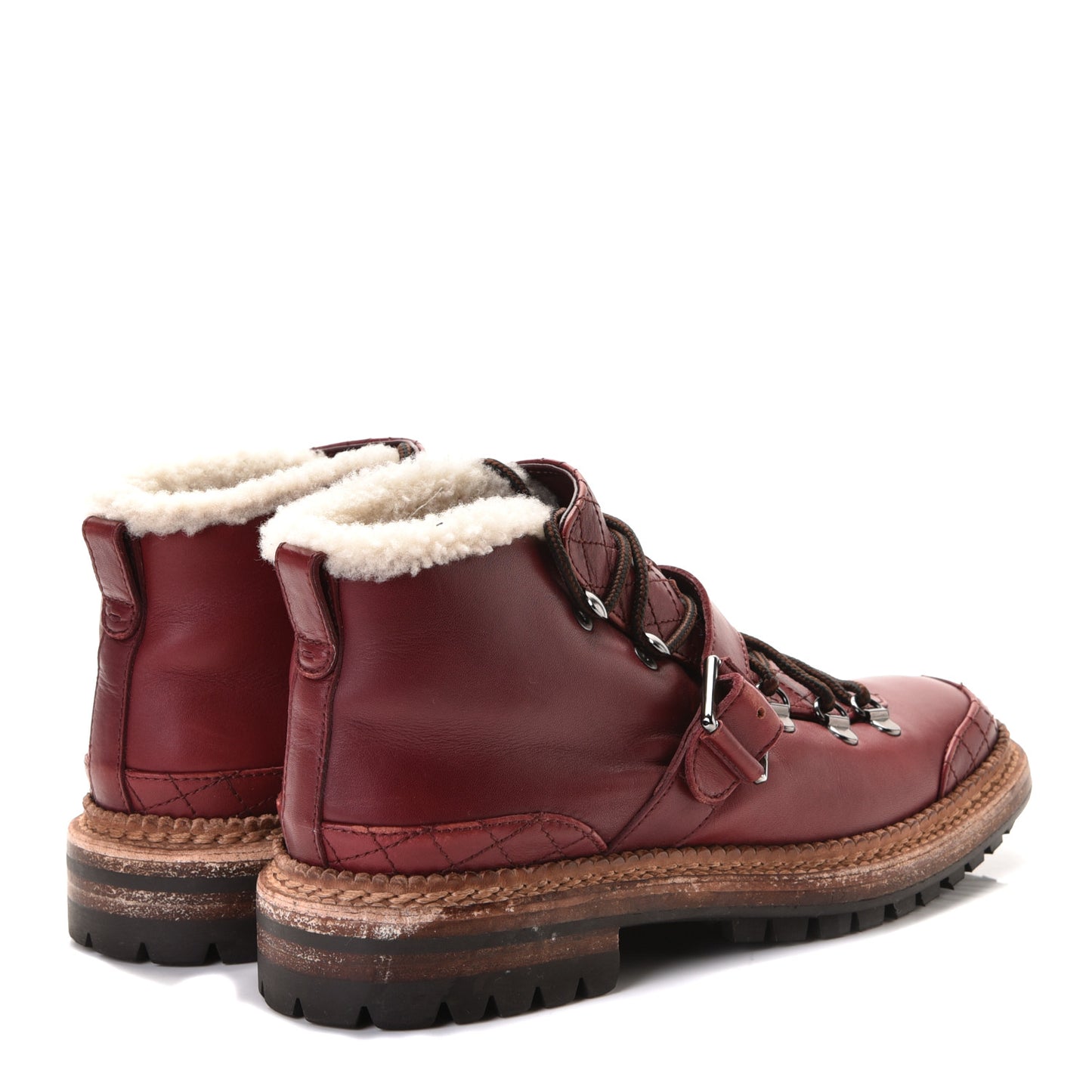 Shearling Calfskin Lace Up Short Boots 37.5 Red