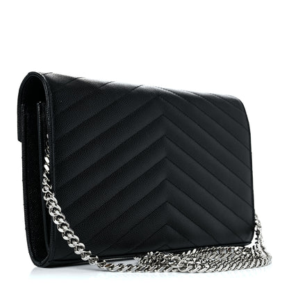 Saint Laurent Grain De Poudre Matelasse Chevron Monogram Chain Wallet Black 2 of 9