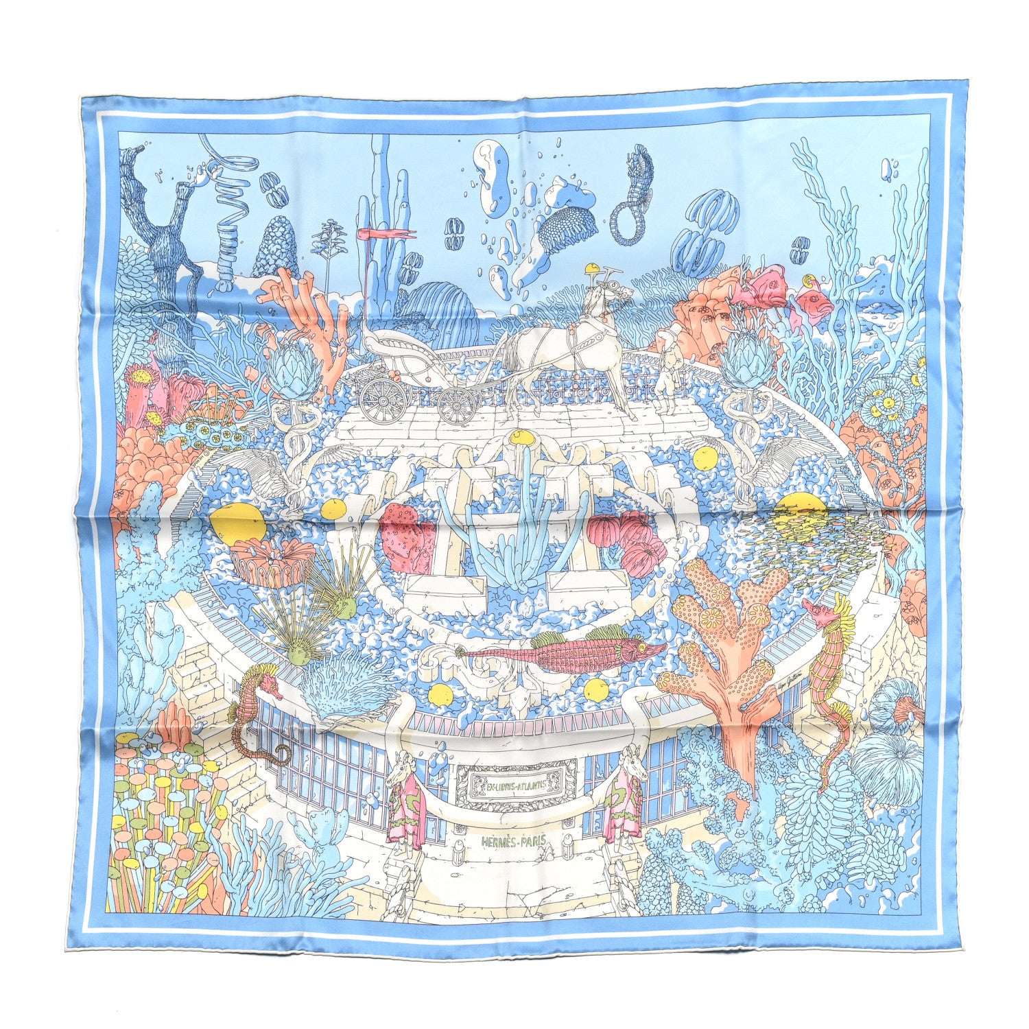 Hermes Vintage Silk Ex Libris Atlantis Scarf 70 Bleu Ciel Rose Jaune 1 of 4