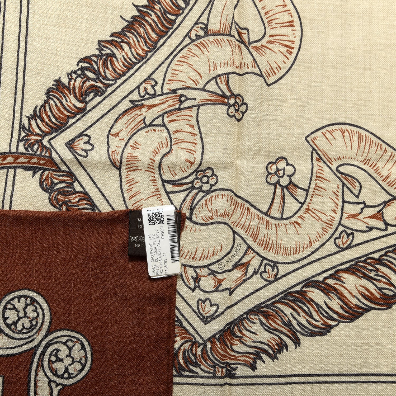 Hermes Cashmere Silk Bride De Cour Remix Scarf 140 Cacao Naturel Black 3 of 3