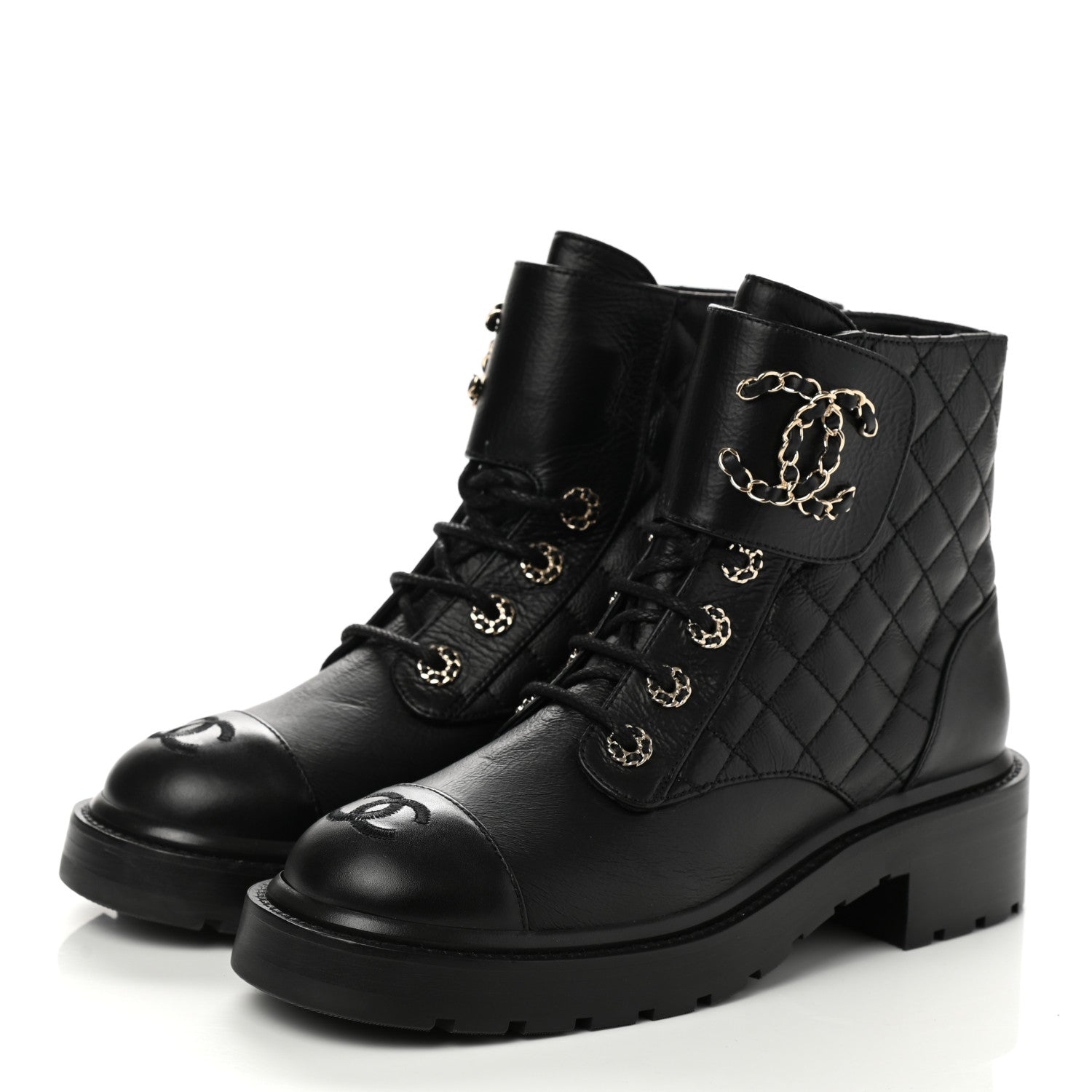 Chanel Shiny Calfskin Quilted Lace Up Combat Boots 38 Black 3 of 8